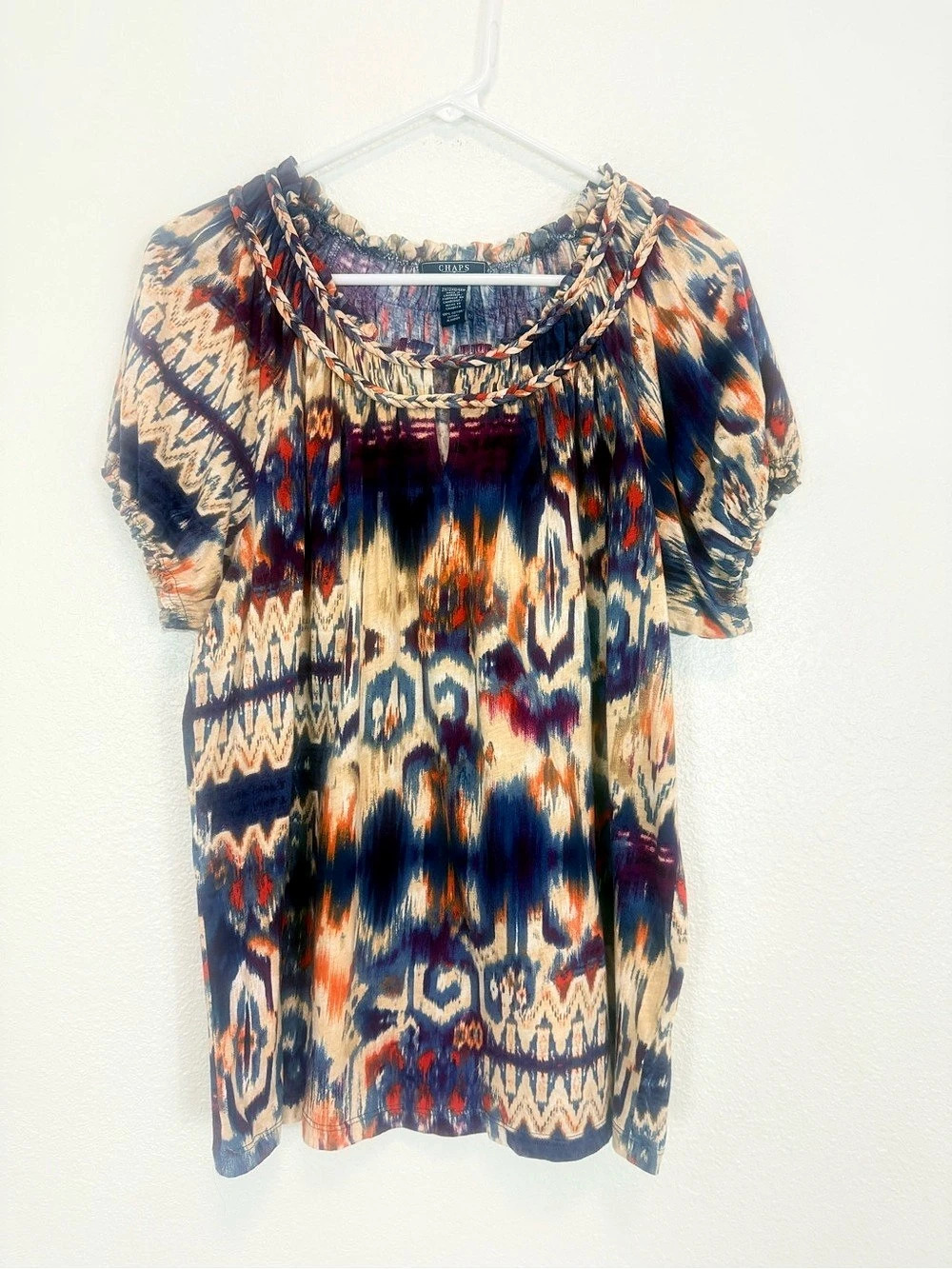 Chaps Aztec Print Cotton Top With Braided Neckline Short Sleeve Size 2X